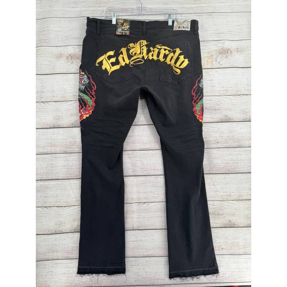 Ed Hardy Stacked Boot Jeans Mens 40 Black Wash Cobra Embroidery MEHD8303-4